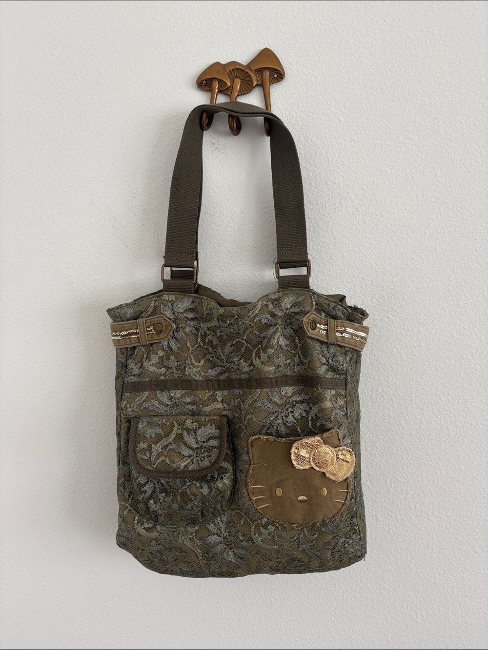 Sanrio HELLO KITTY lace overlay sequin army green shoulder bag purse